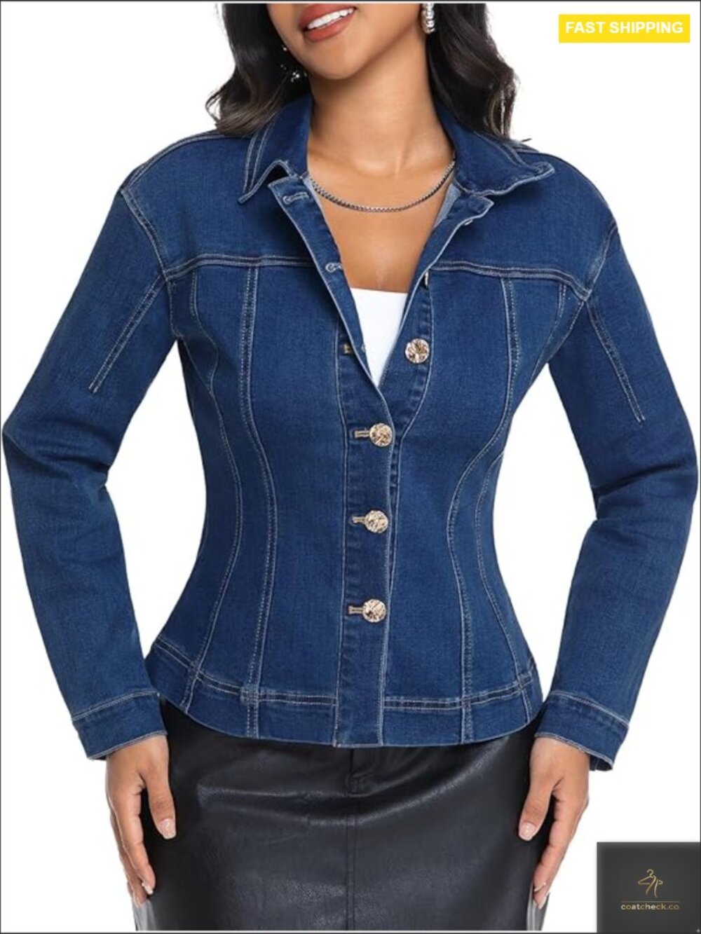 Stretchy Denim Jacket Cinched Waist Button Up Long Sleeve Trendy Chic